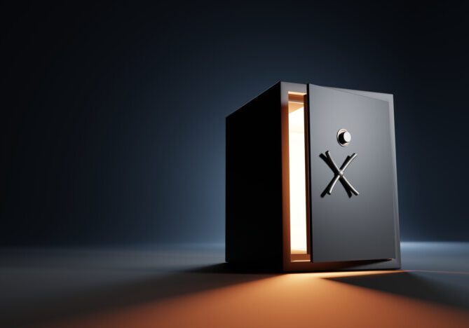 Black bank safe with open steel door and golden light inside, perspective view. Metal rectangular box for money storage in empty dark room. Realistic illustration vault with lock and handle 3d render